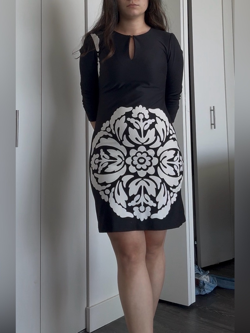 Women's Black Sheath dress with White Medallion Print